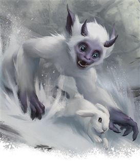 White yeti creature chasing a white rabbit in a snowy environment.