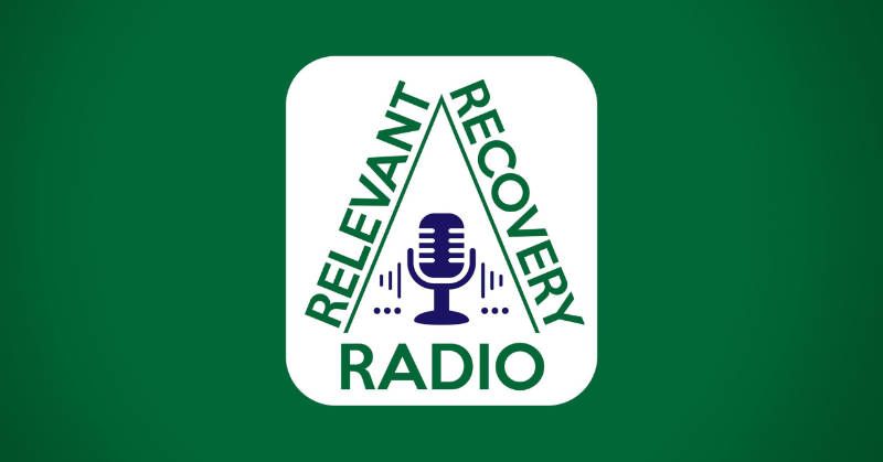 A logo for relevant recovery radio on a green background