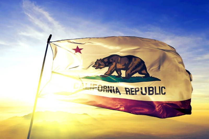 A california republic flag is waving in the wind.