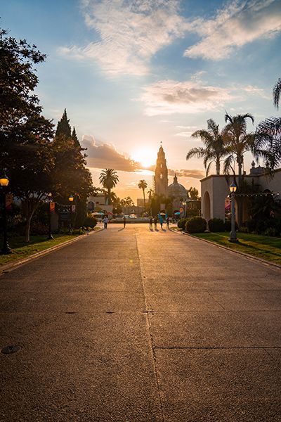 A group of people are walking down a street at sunset.