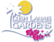 A logo for lush lanais gardens with a palm tree and flowers