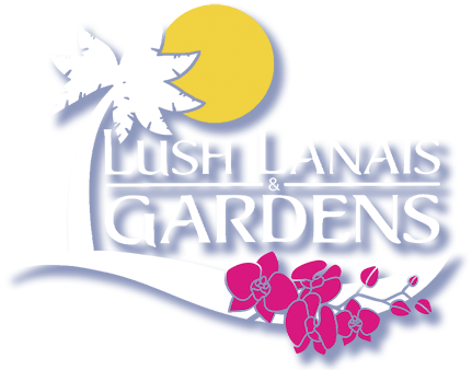 A logo for lush lanais gardens with a palm tree and flowers