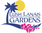 A logo for lush lanais gardens with a palm tree and flowers