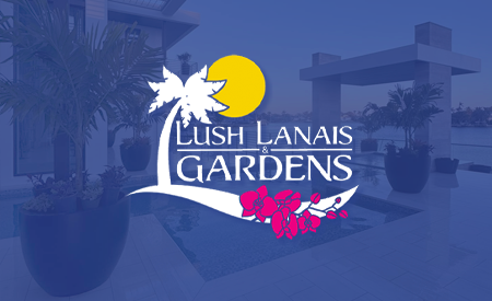 Lush lanais gardens logo on a blue background