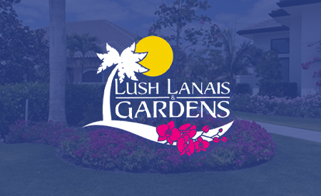 The logo for lush lanais gardens is shown on a blue background