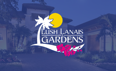 A logo for lush lanais gardens with a house in the background