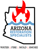 Logo for Arizona Restoration Specialists: Arizona outline with house silhouette, flames, and water waves; lists 