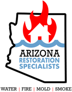 Logo for Arizona Restoration Specialists: Arizona outline with house silhouette, flames, and water waves; lists 