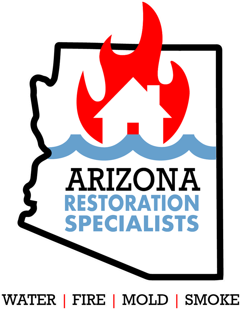Logo for Arizona Restoration Specialists: Arizona outline with house silhouette, flames, and water waves; lists 