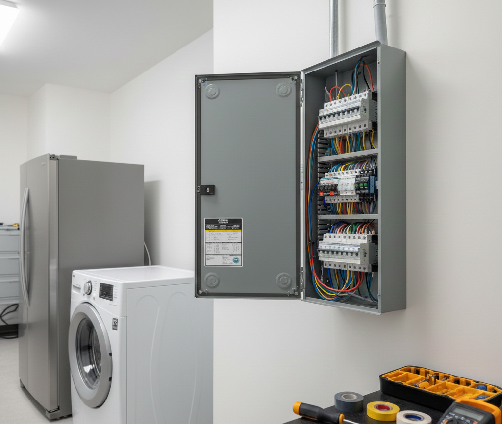 Open electrical panel on a wall in a laundry room, next to a washing machine and refrigerator.