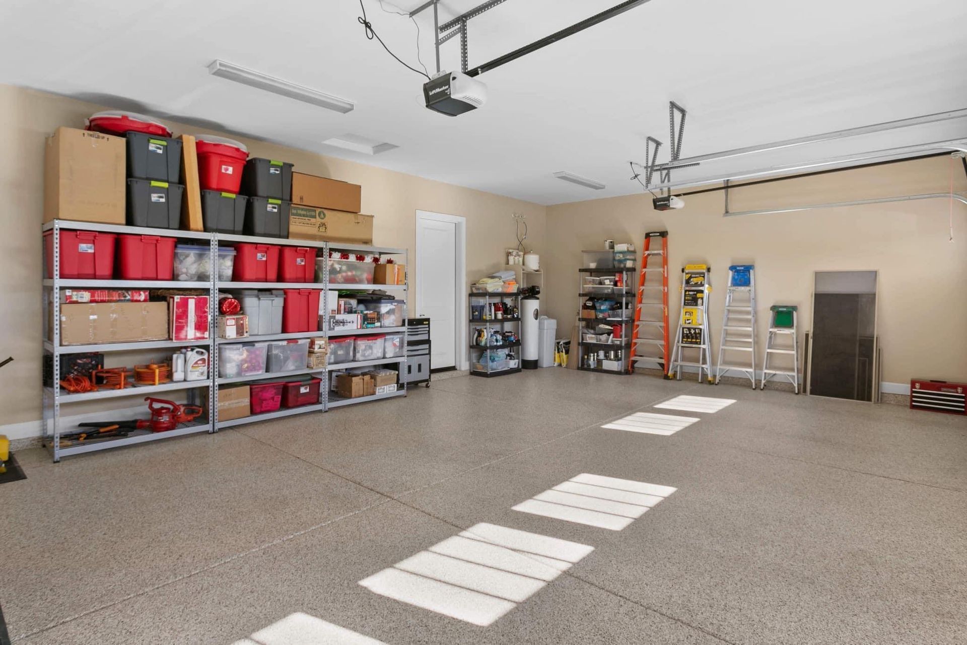 A garage filled with lots of shelves and boxes.