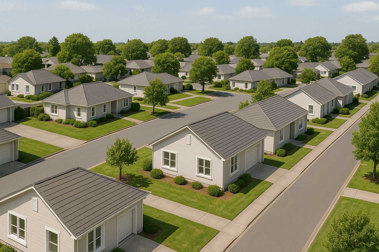 An aerial view of a residential neighborhood with lots of houses and trees.
