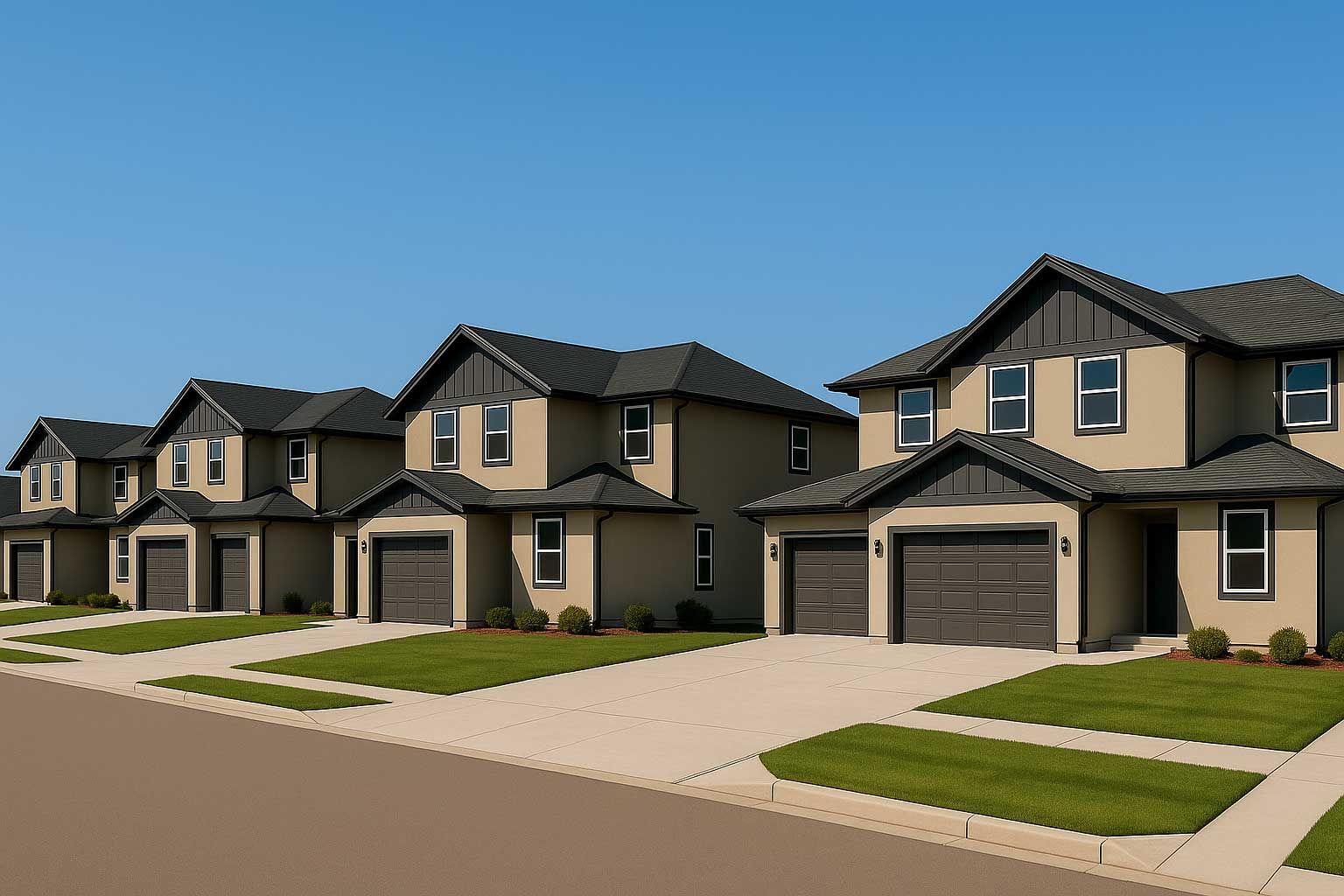 A row of houses with a blue sky in the background