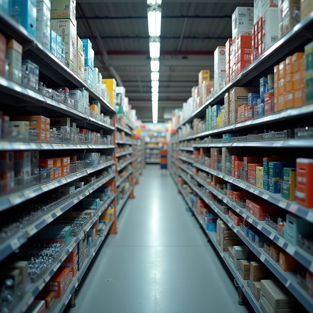 Rows of shelves stocked with various products in a brightly lit grocery store aisle.