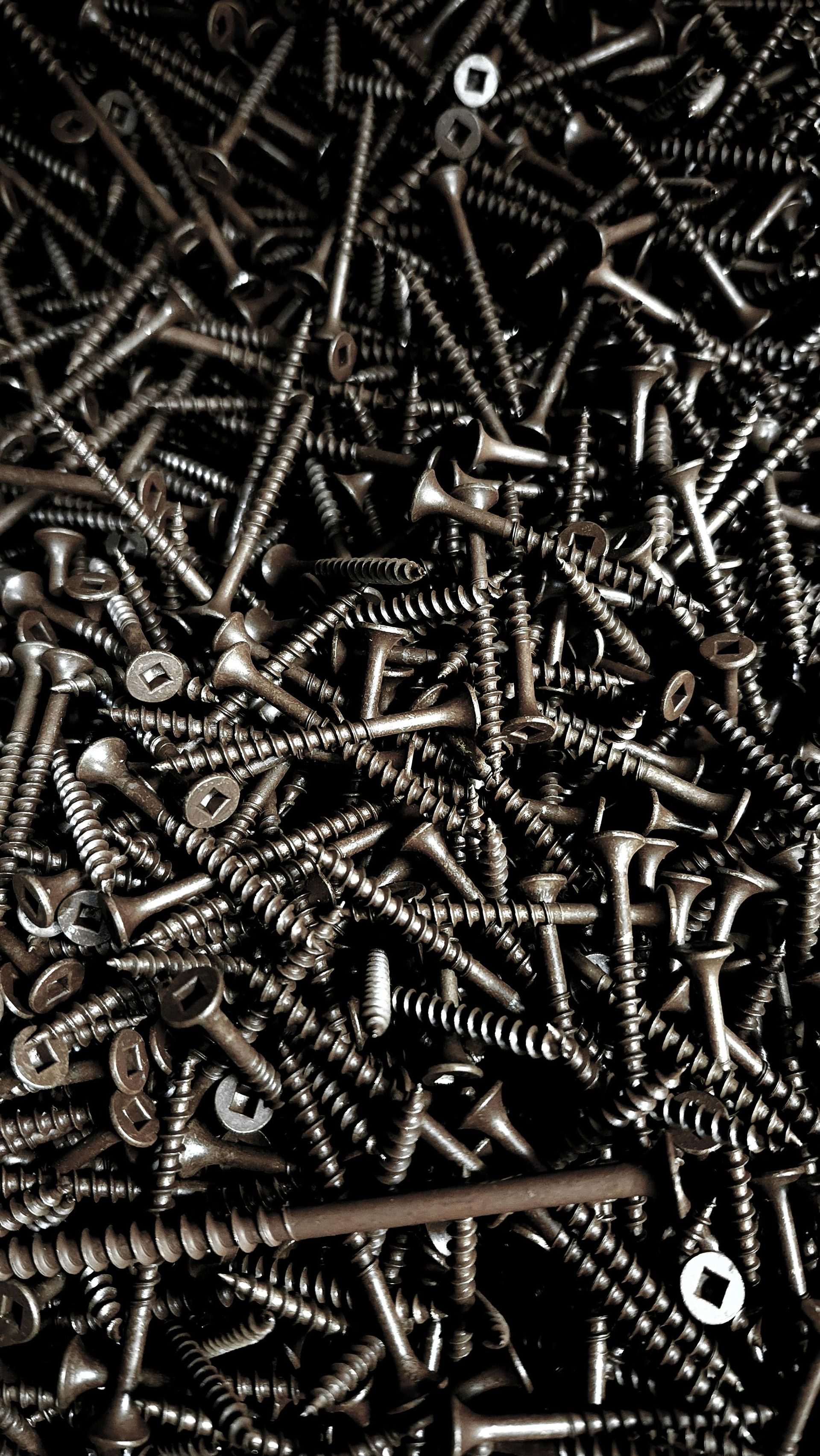 Pile of silver screws with various heads and lengths.