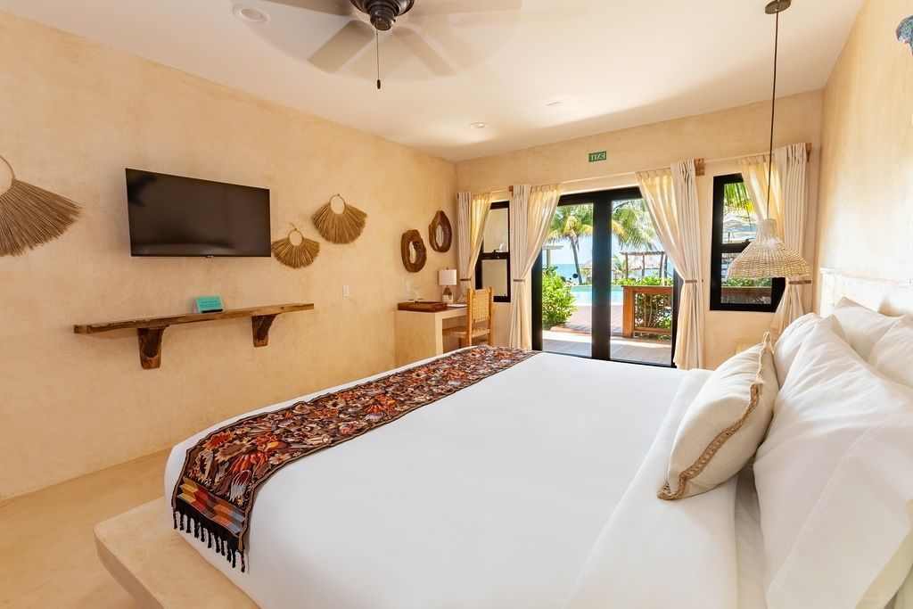 A bedroom with a king size bed , television , and ceiling fan.