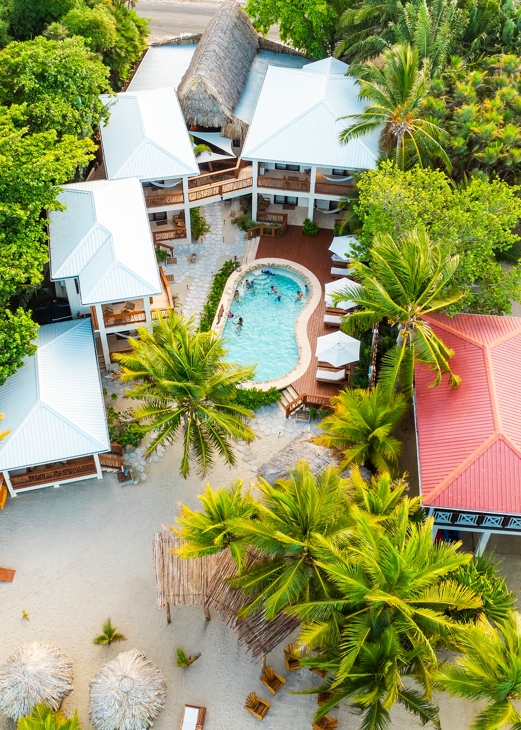 An aerial view of a tropical resort with a large swimming pool surrounded by palm trees.