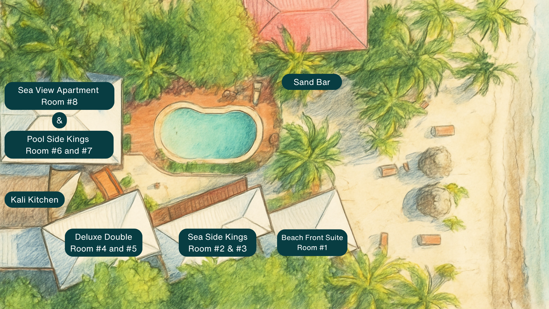 An aerial view of a resort with a pool and palm trees