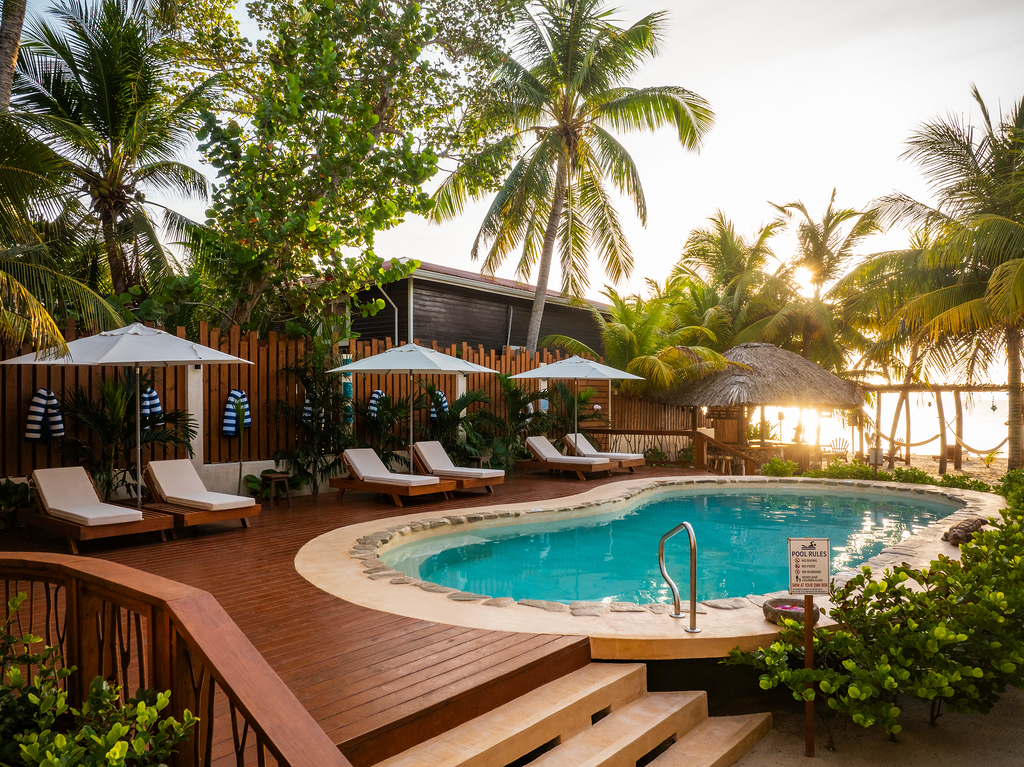 Poolside scene at a tropical resort with sun loungers, umbrellas, palm trees, and an ocean view.