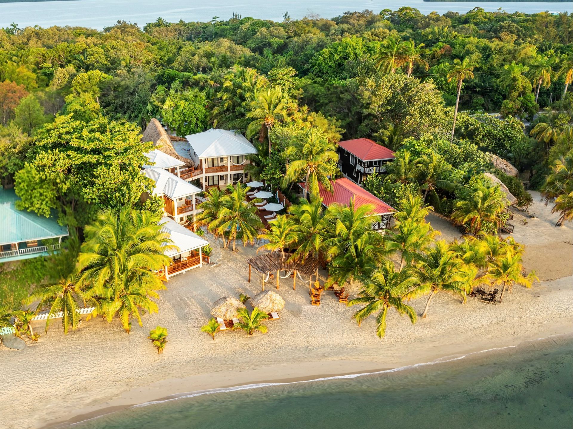 Beachfront lodge with white buildings, palm trees, and a sandy beach.