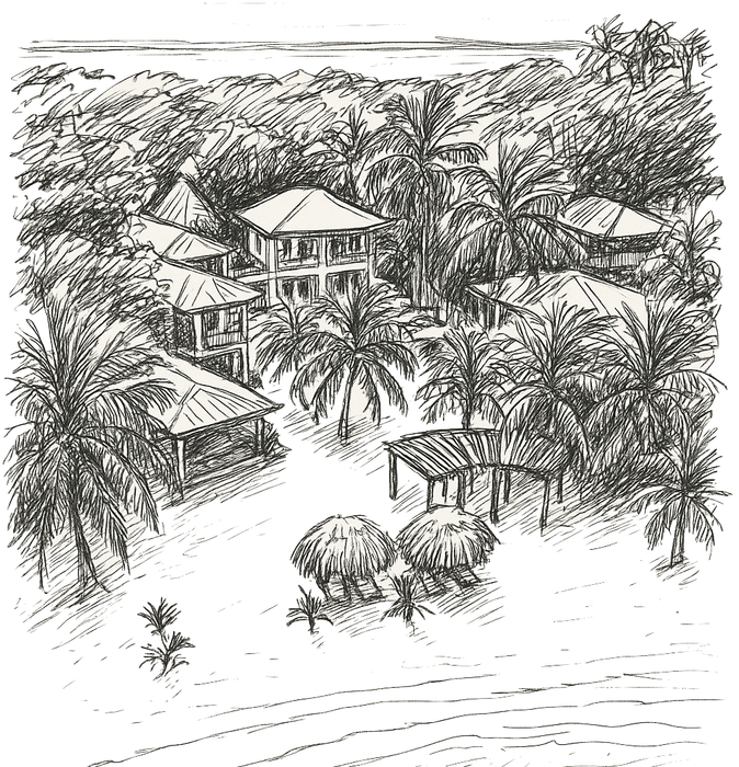 A black and white drawing of a tropical landscape with palm trees and houses.