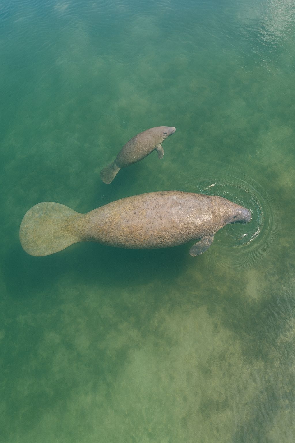 Two manatees, one adult and a calf, swim in clear, shallow, green water.