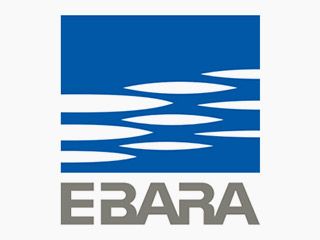 A blue and white logo for ebara with a river in the background.