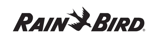 The rain bird logo is black and white and has a bird on it.
