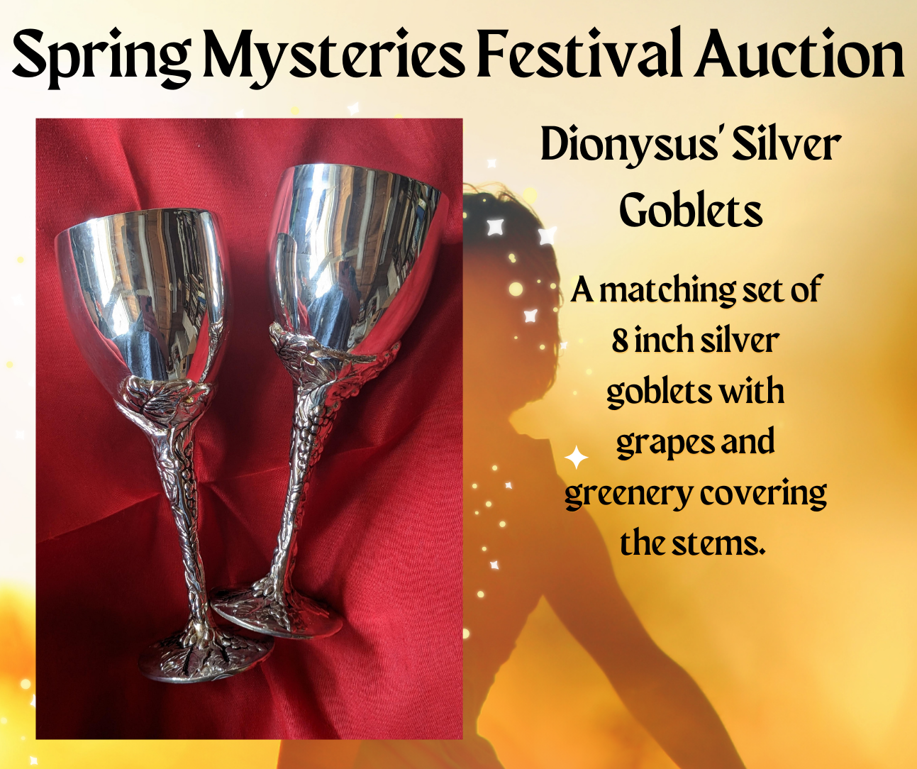 A matching set of dionysus silver goblets with grapes and greenery covering the stems