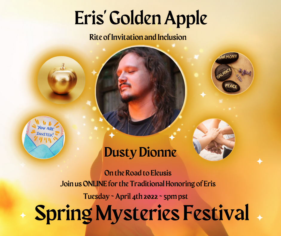 A poster for eris ' golden apple spring mysteries festival with Dusty Dionne