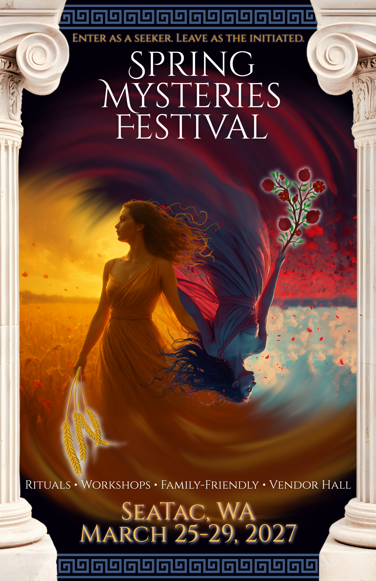 A poster for the spring mysteries festival shows a woman with long blonde hair.
