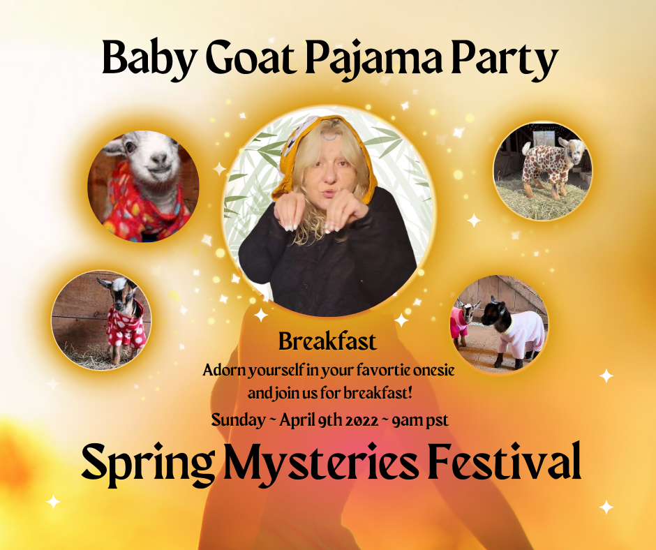 A poster for a baby goat pajama party at the spring mysteries festival