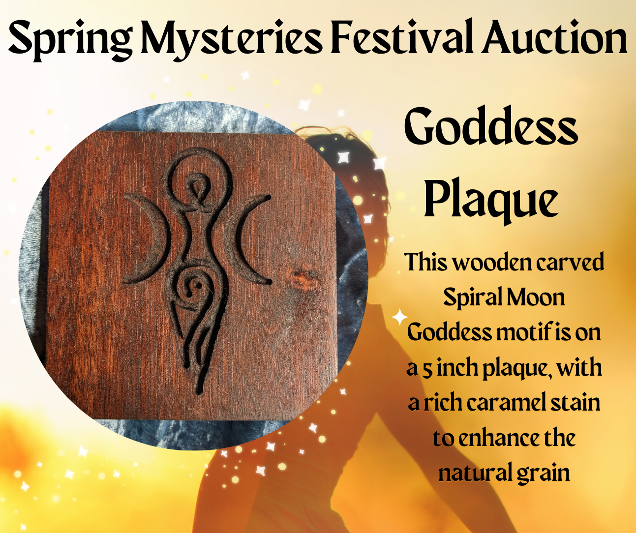 An advertisement for the spring mysteries festival auction, Goddess Plaque.