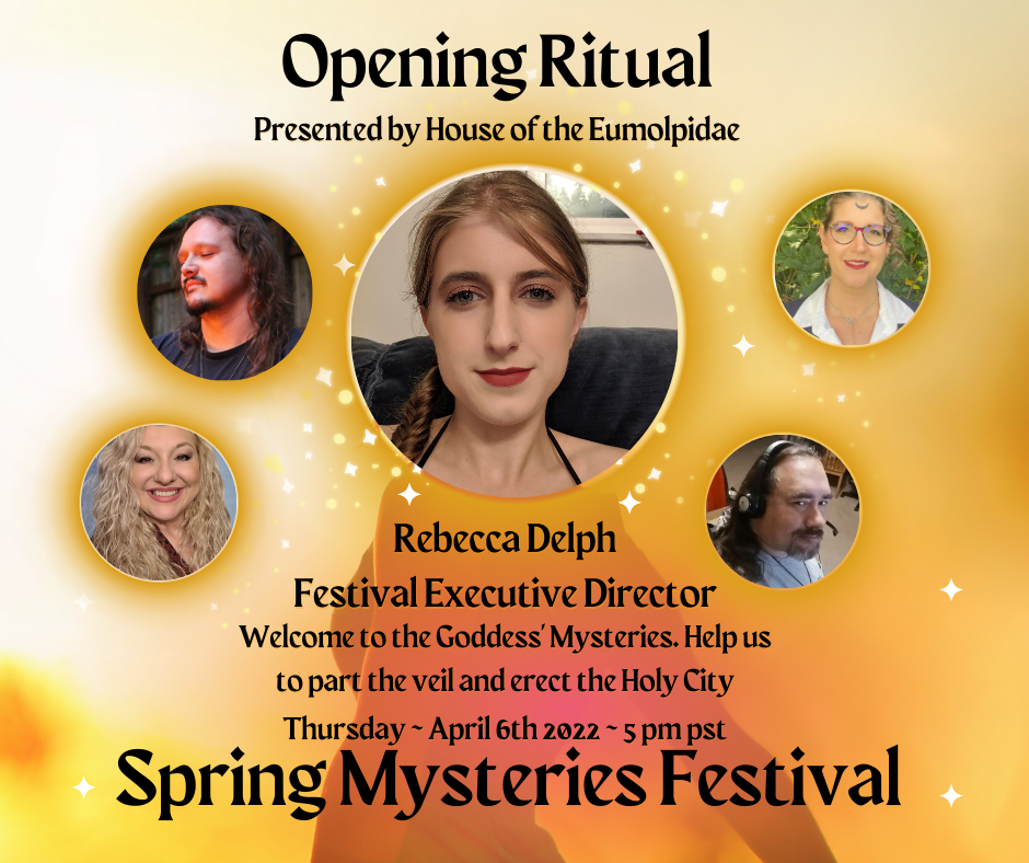 An advertisement for the spring mysteries festival, with Rebecca Delph.