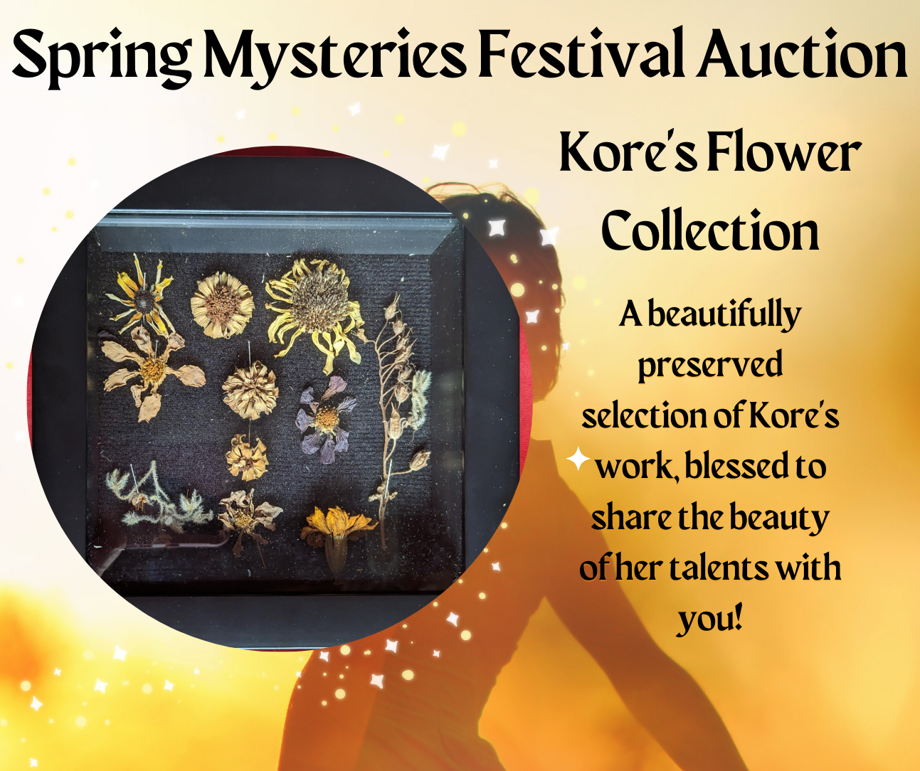A poster for the spring mysteries festival auction, Kore's Flower Collection.