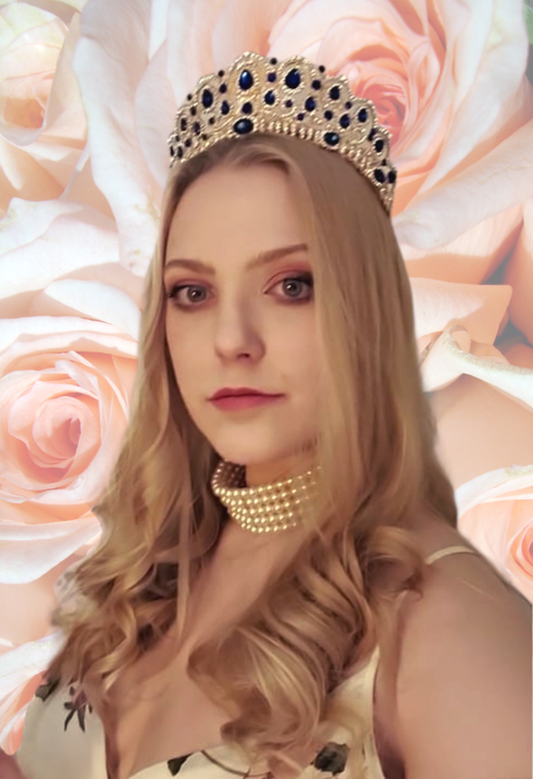 A woman wearing a tiara and choker is standing in front of roses, representing Aphrodite.