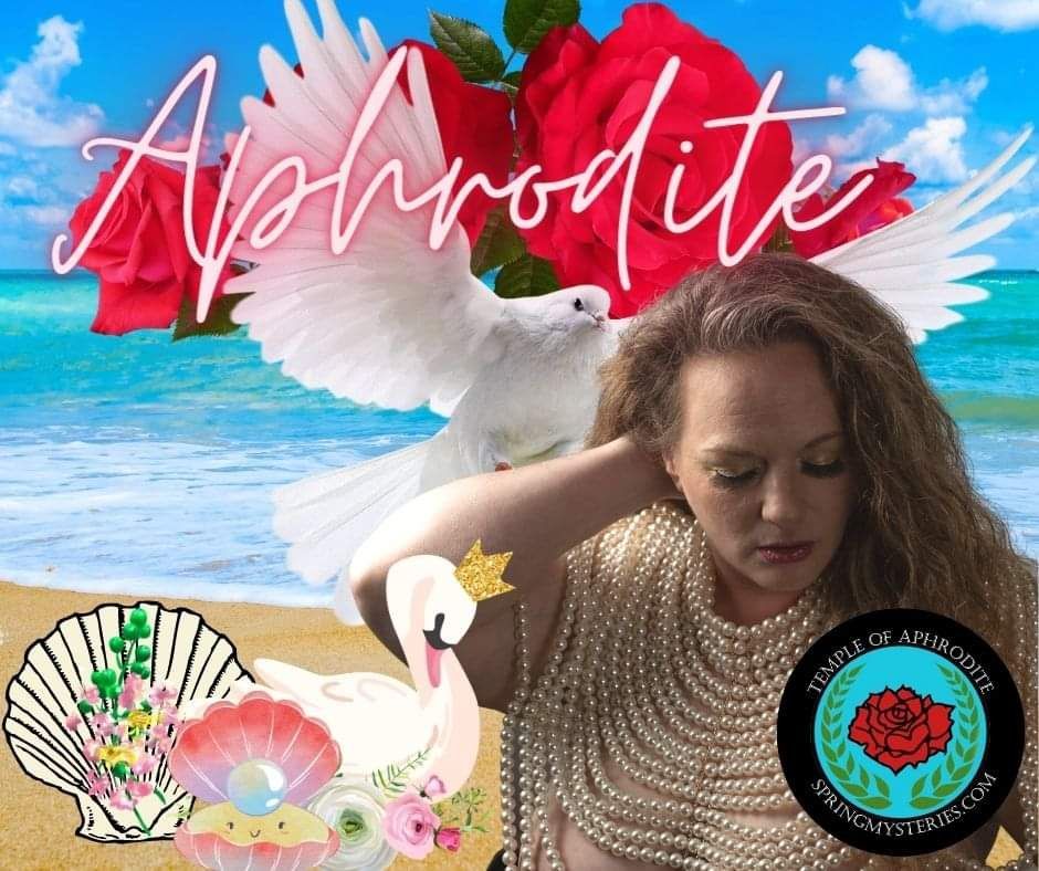 A woman on a beach with the word aphrodite in the background, Isidora LaVeau representing Aphrodite.