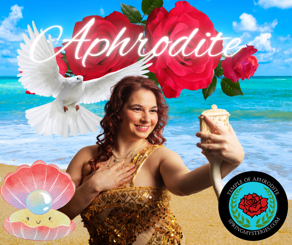 A woman on a beach, Titania Thunderlily representing Aphrodite.