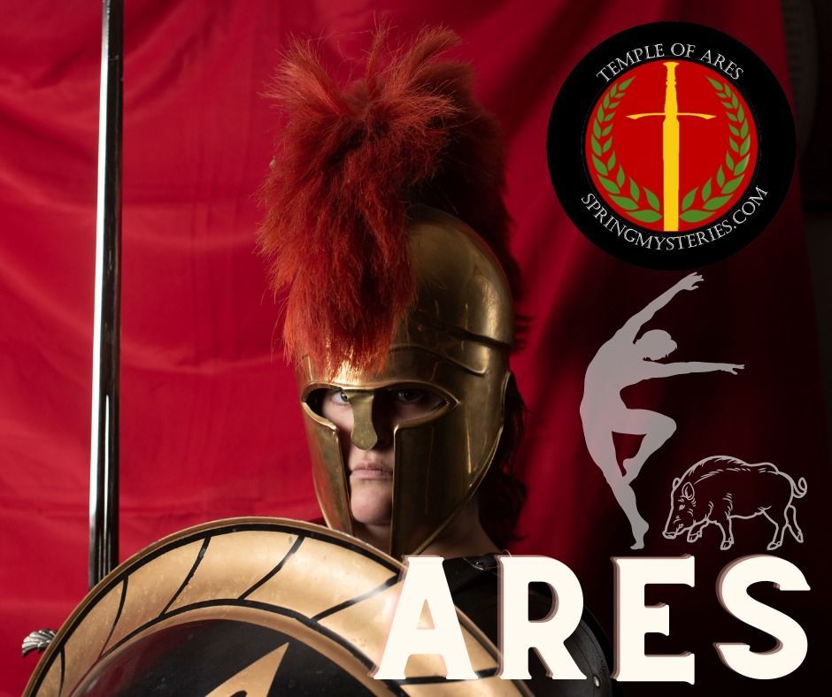 A poster for the temple of ares shows a man in a spartan costume with an icon for Spring Mysteries on it.