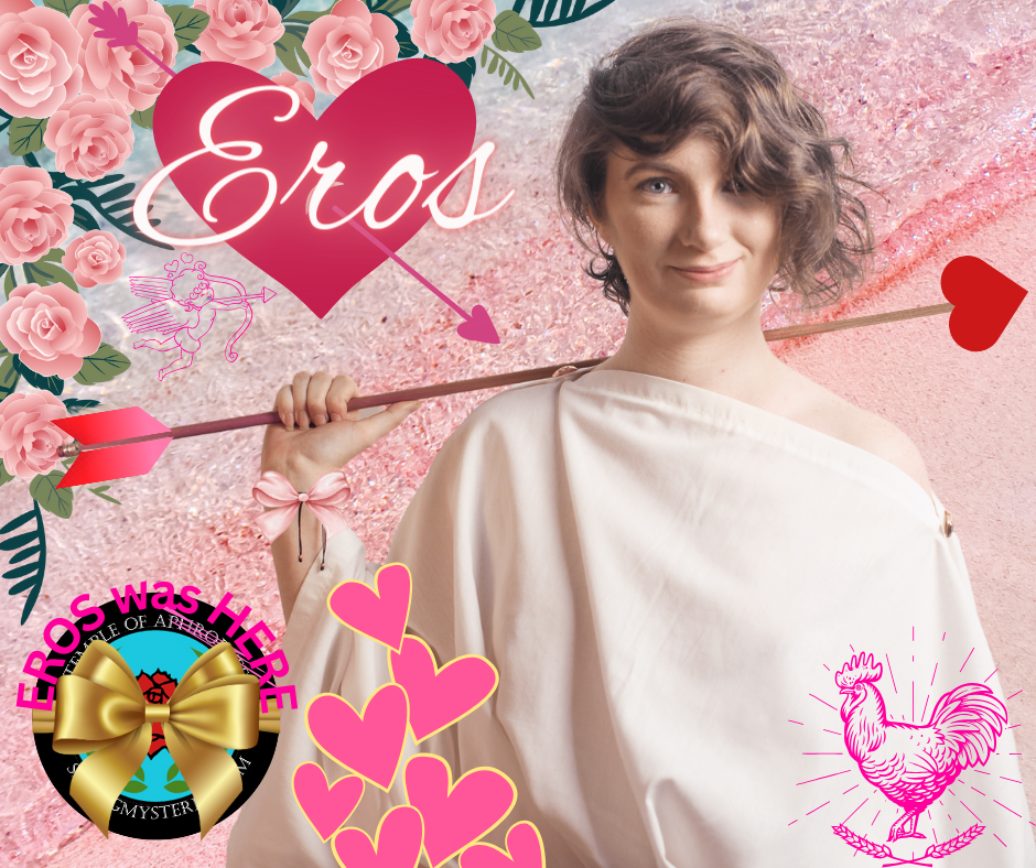 A woman is holding an arrow in front of a heart that says eros
