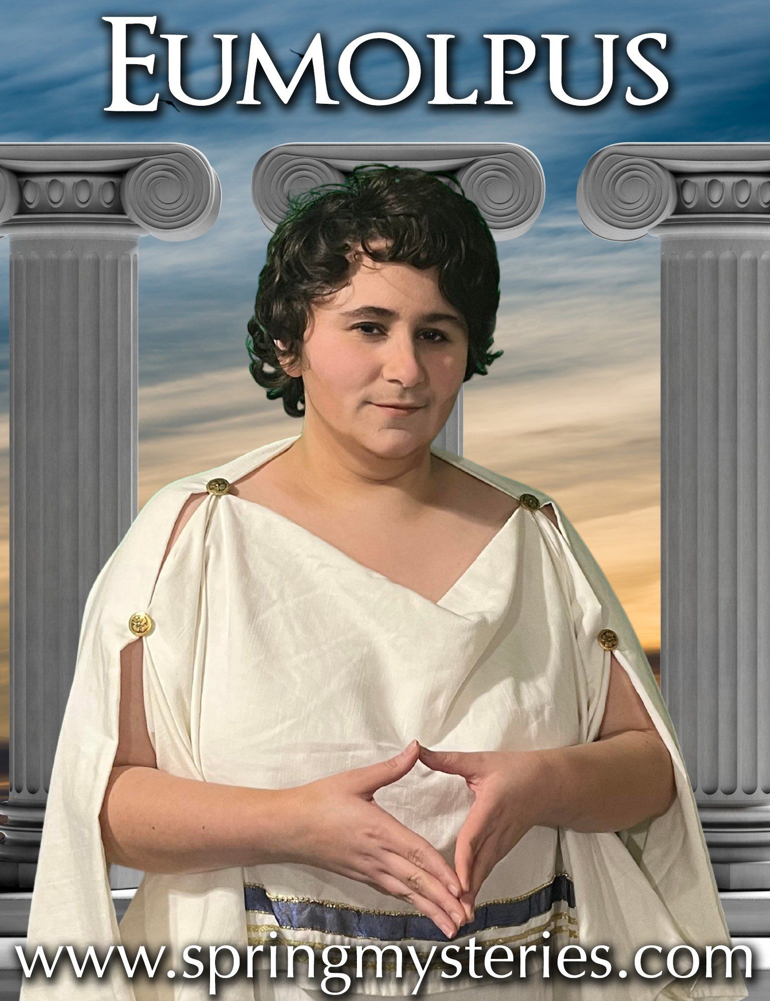 A poster for eumolpus shows a woman in a white toga