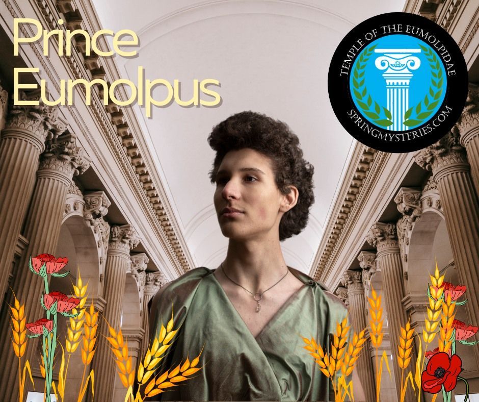 A man in a green dress is standing in front of a building with columns with an icon for Spring Mysteries on it.