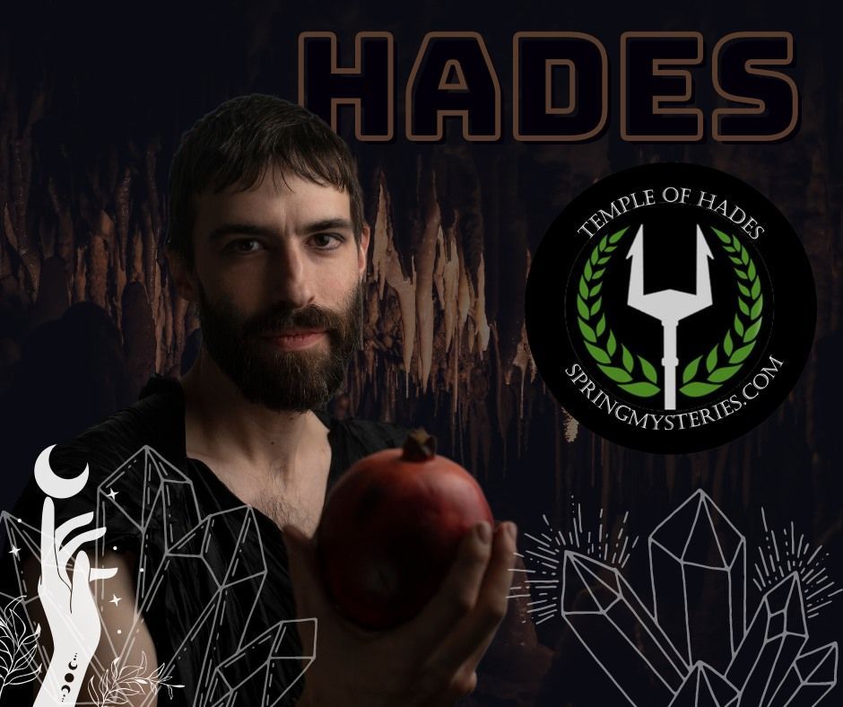 A man with a beard is holding a pomegranate in front of a temple of hades logo