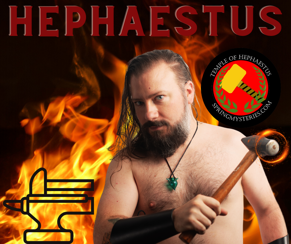 A man dressed as a blacksmith representing Hephaestus.