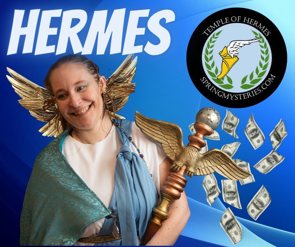A woman in a hermes costume is smiling, representing Hermes.