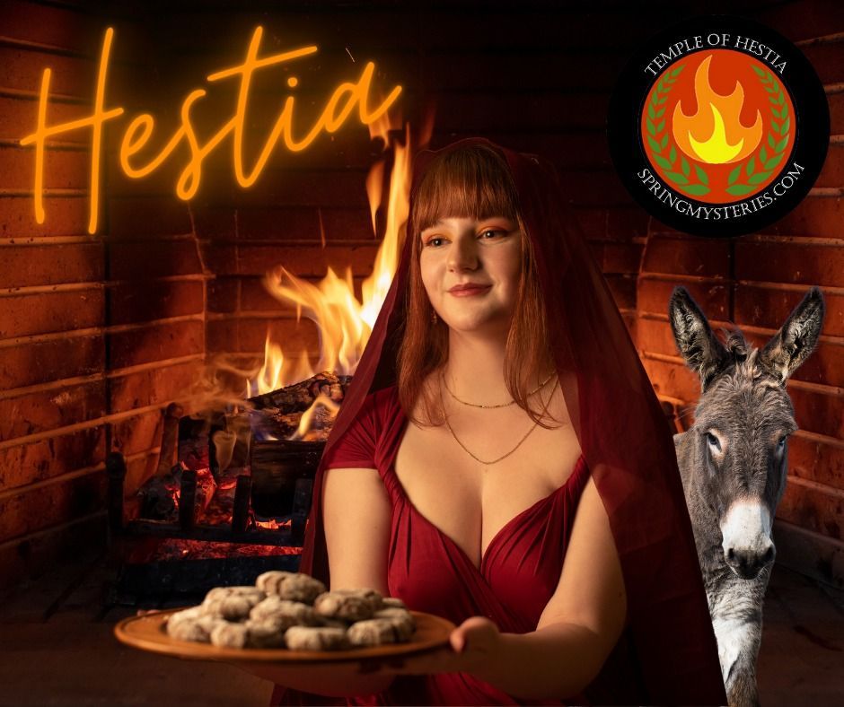 A woman in a red dress is holding a plate of food next to a donkey, representing Hestia.