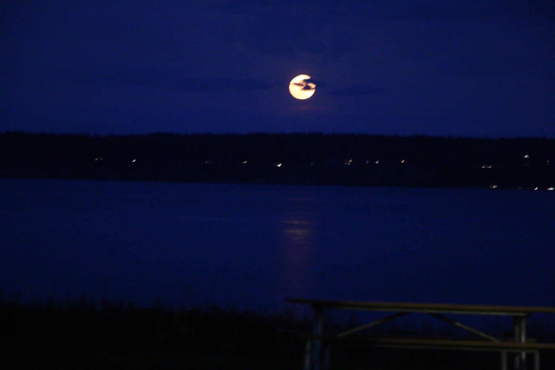 A full moon is rising over a body of water