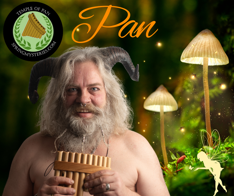 A man with horns is playing a pan flute, Michael Alling representing Pan.