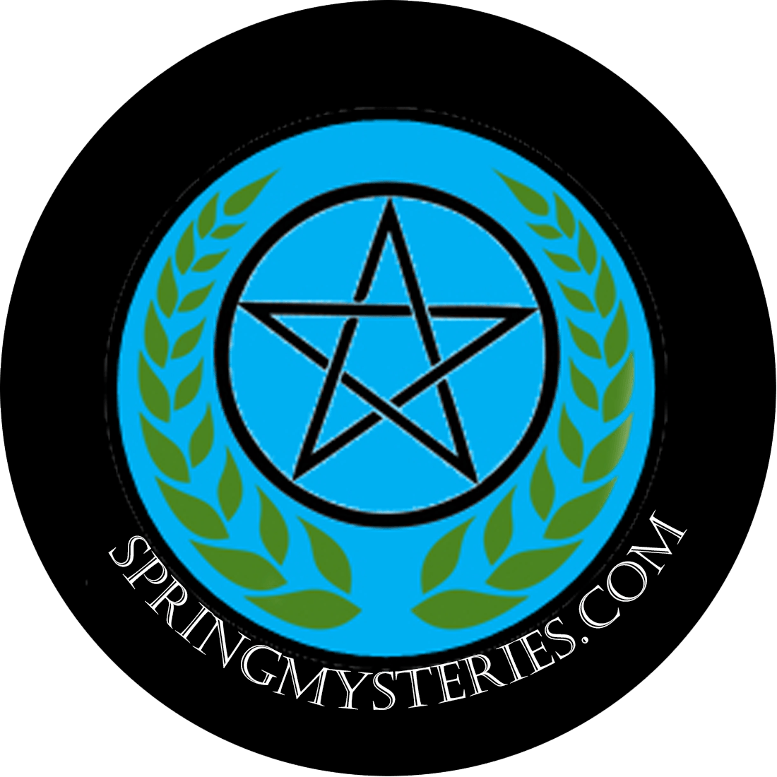 A logo for springmysteries.com with a pentagram in the center