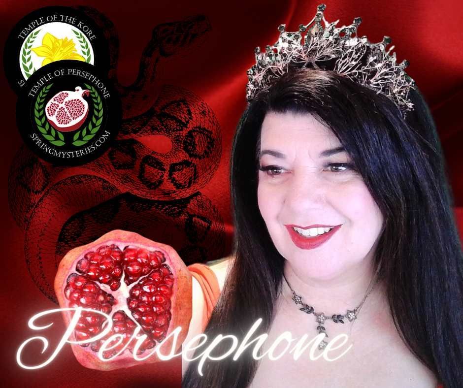 A woman wearing a tiara and a pomegranate is called persephone